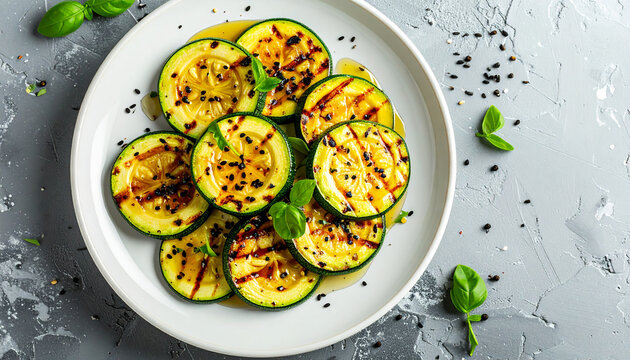 Sliced grilled zucchini artfully on white plate, black cumin seeds and elegant honey sauce drizzle, concrete backdrop, tasty food.