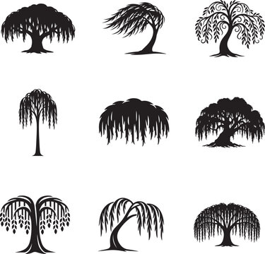 Stylized willow tree silhouette vector icon set with drooping branches in elegant black design.