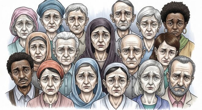 Group portrait depicting diverse faces with expressions of sorrow and sadness