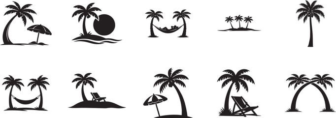 Tropical beach silhouette with palm trees, hammock, chairs and umbrella vector illustration set. © Mst.Atina