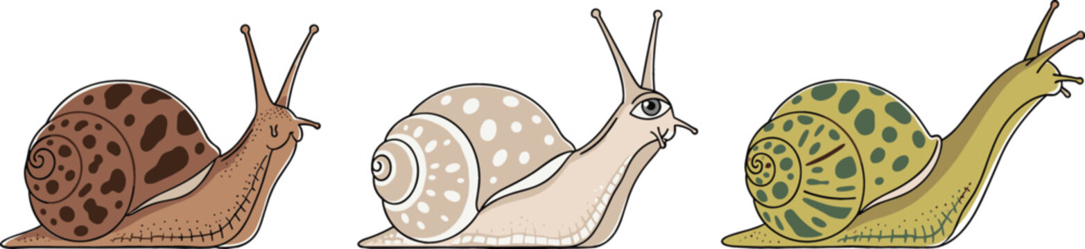 Snail collection with different shell patterns and colors detailed cartoon vector illustration for nature design garden themes wildlife education and decorative graphics