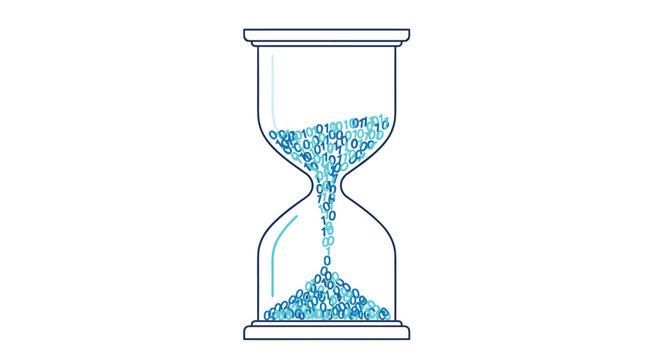 An hourglass with a blue outline where the sand is replaced by flowing blue binary code in a clean white background with soft lighting and minimalist style.