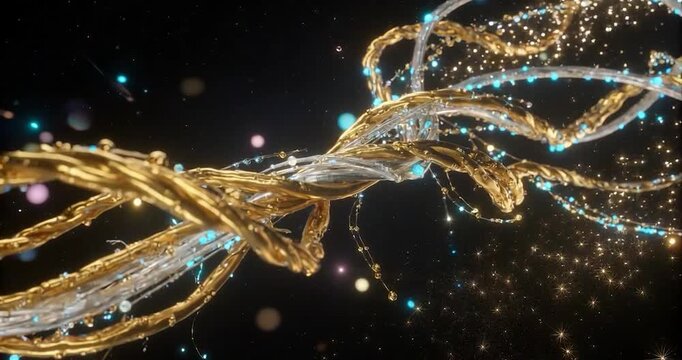 Golden silver twisted wire abstract glowing light sparkle dark background metallic shiny decoration festive elegant luxury bright colorful glowing energy flow dynamic motion futuristic technology