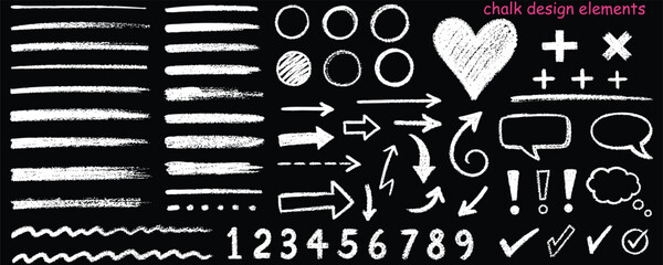 Set of hand drawn chalk design elements on a blackboard background. Includes lines, arrows, numbers, shapes, speech bubbles, and symbols for creative projects. © Zbrake Studio