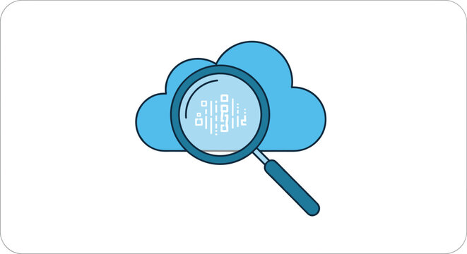 A sleek dark blue magnifying glass examines a vibrant blue cloud icon containing intricate white binary code patterns in a bright clinical environment.