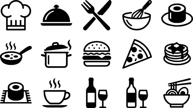 Flat line icons set for various food and dining items
