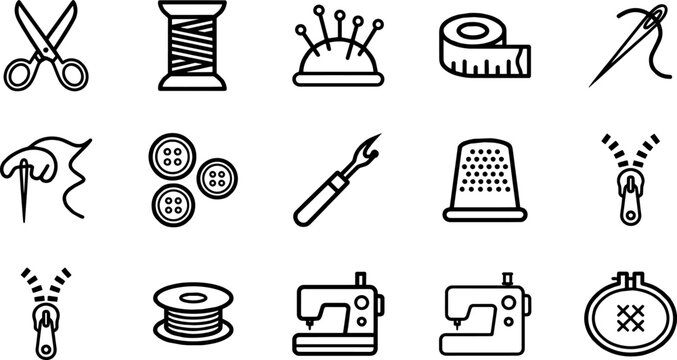 Thin line art icons highlighting various sewing and craft items