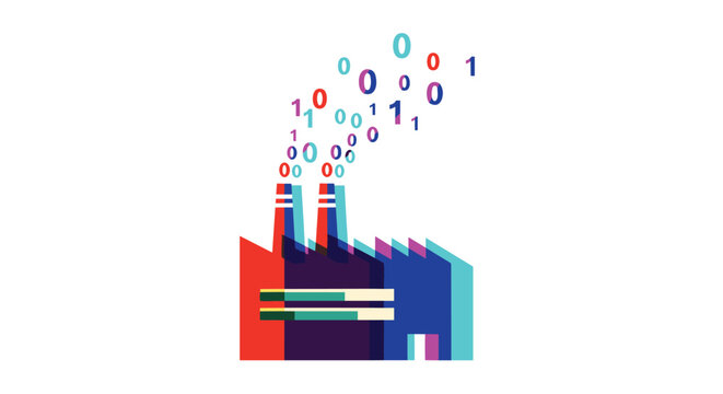 A bold factory silhouette emits colorful binary code digits from its twin chimneys in a stark white environment with high-contrast graphic lighting.