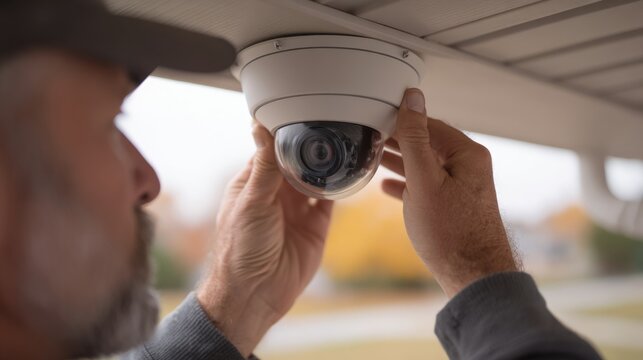 Professional installing a modern dome security camera for home surveillance and property protection