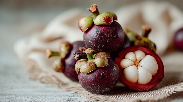 Fresh exotic mangosteen fruits in rustic still life setting