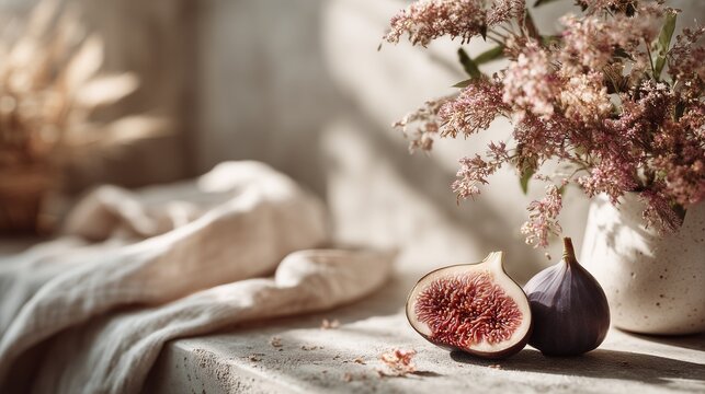 Sliced fresh fig in rustic aesthetic still life setup