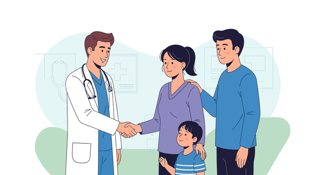 Doctor Shaking Hands with Family, Healthcare Consultation and Trust