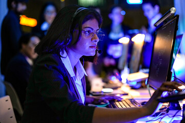 Naklejka premium Professional female IT specialist working on a computer in a dark neon office at night. Focused expert analyzing network security and digital data in a modern high-tech command center.