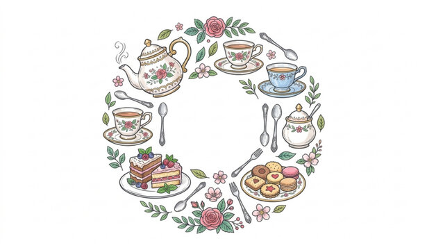 Tea time dessert table sketch vector with teacups cakes and decorative hand drawn elements