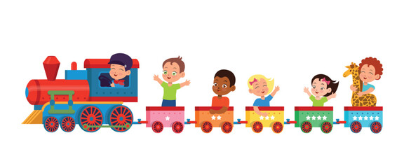 Cute cartoon train with preschool kids in wagons. Colorful educational illustration for kindergarten, early learning and children design. © NADEZHDA