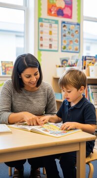 A friendly female teacher helping a young boy learn to read from a colorful book while sitting at a wooden desk inside a bright and cheerful school classroom