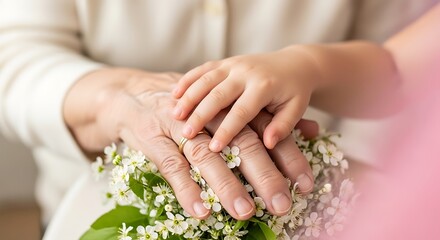 Fototapeta premium Close up of a mother and child holding hands gently with small white flowers in a soft bright spring light