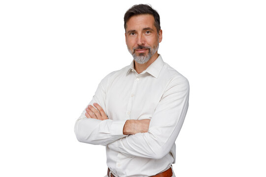 Confident mature man with beard standing arms crossed smiling, professional business portrait with transparent background