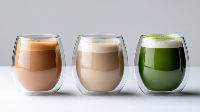 Assortment of coffee, cappuccino, and matcha lattes presented in elegant double wall borosilicate glass cups on a clean surface, highlighting diverse beverage choices and modern design
