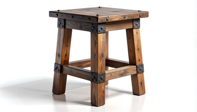 Rustic Wooden Stool with Industrial Metal Accents.