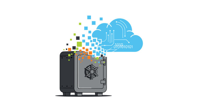 A secure steel safe bursts into vibrant digital pixel fragments that transform into a blue cloud icon containing binary code data on a soft grey background.