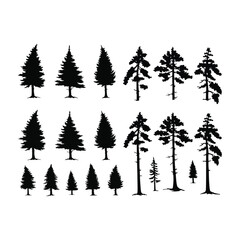 Fototapeta premium Collection of pine tree silhouettes in various shapes and sizes on white background