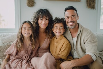 Obraz premium Smiling multiethnic family with two children posing together on a bed, showcasing love and happiness