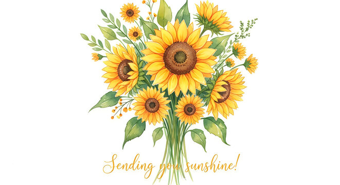 Beautiful watercolor bouquet of yellow sunflowers and leaves