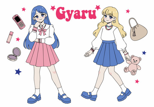 Two stylized Gyaru-fashion cartoon characters against a starry pink-and-blue background. One has long blue hair, a pink skirt and makeup accessories (flip phone, lipstick, compact); the other has long