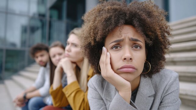 Young adult woman expresses boredom and frustration while sitting with friends outdoors