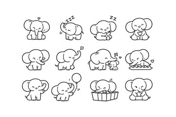 Obraz premium Collection of cute cartoon elephants in various adorable poses and activities