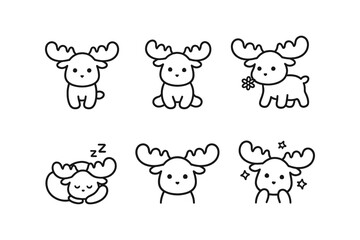 Fototapeta premium Cute cartoon moose icons in various poses and expressions