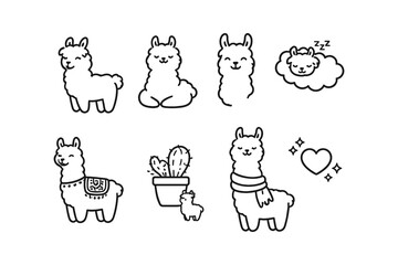 Obraz premium Cute hand-drawn llama illustrations in a simple, charming line art style