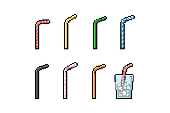 Collection of pixel art drinking straws in various colors and patterns