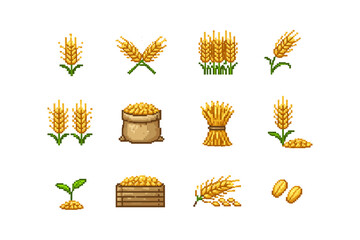 Fototapeta premium Pixel art collection of wheat icons representing growth and harvest stages