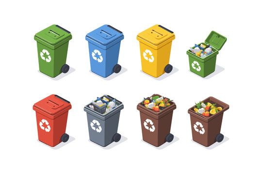 Collection of colorful recycling bins with different types of waste and recycling symbols