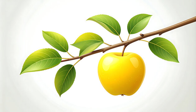 Single ripe yellow apple hanging on a branch with green leaves, autumn harvest, fresh fruit, healthy food