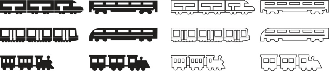 Train icon set in flat, outline style. Freight cargo wagons, passenger railcars and locomotive transport symbols. Minimal railway illustration collection for logistics, travel and infographic designs. © Mr 360 graphic