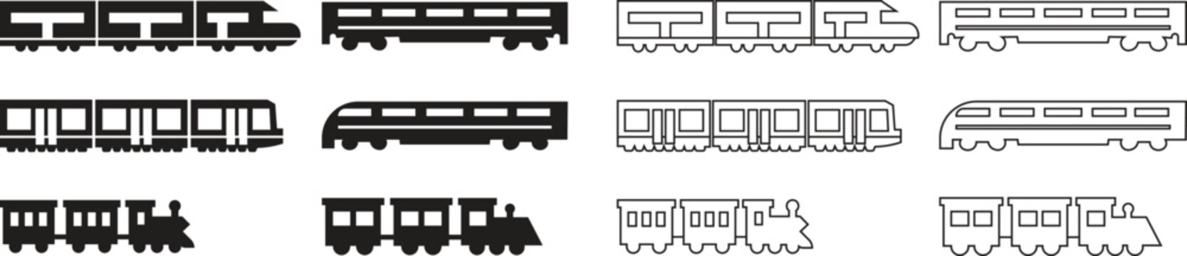 Train icon set in flat, outline style. Freight cargo wagons, passenger railcars and locomotive transport symbols. Minimal railway illustration collection for logistics, travel and infographic designs.