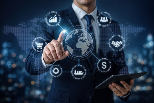 Businessman interacting with digital global business icons touchscreen network globe commerce trade finance logistics growth analytics leadership technology tablet corporate concept