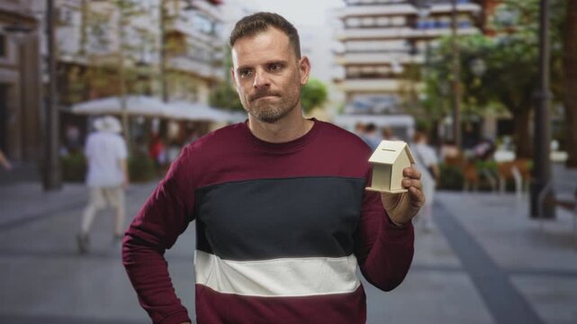 Man holding a small house model on a street, eyes closed and tight mouth, left hand on hip and right hand displaying the miniature; housing worry.