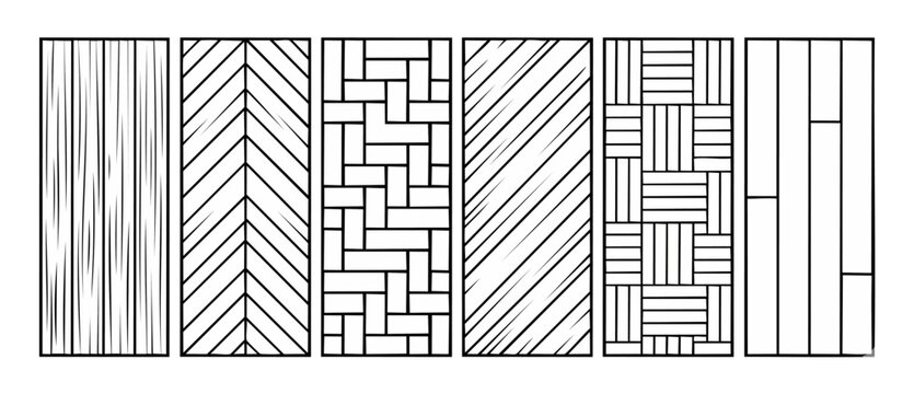 Wood Floor Patterns Set Collection, Vector Illustrations of Flooring Textures for Interior Design Projects, Architectural Woodwork Layouts Showing Chevron, Parquet, and Plank Styles for Home Renovatio
