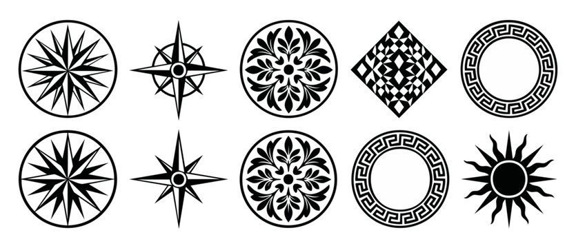 Decorative Ornaments Set: Compass Roses, Greek Key Borders, Floral Mandalas and Geometric Shapes for Graphic Design Projects, Professional Black and White Vector Symbols for Decoration and Branding.