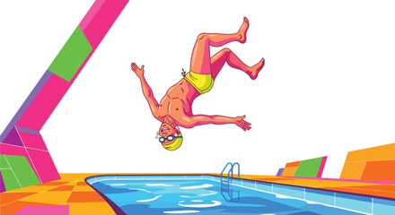 Fototapeta premium A man in swimming gear dives into a pool with colorful geometric shapes in the background in a vibrant and artistic illustration design.