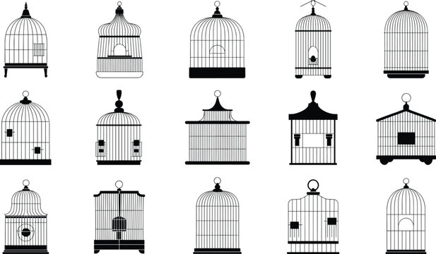 Collection of bird cage silhouettes set, vintage decorative cages and pet housing designs, isolated vector illustration bundle