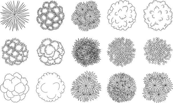 Collection of bush top view outlines set, landscaping shrubs trees and foliage shapes, isolated vector illustration bundle