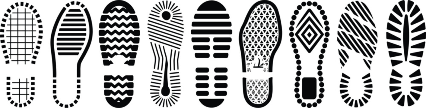 Collection of shoe sole patterns set, footwear tread prints and texture designs, isolated vector illustration bundle