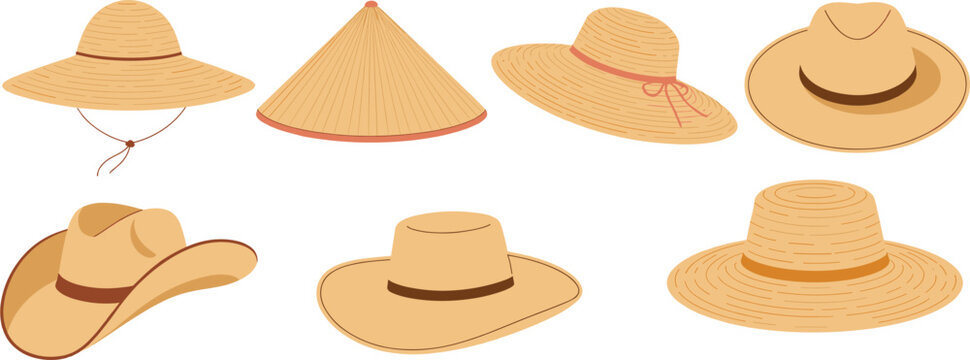 Collection of straw hat illustrations set, summer sun hats and farmer headwear styles, isolated vector bundle design