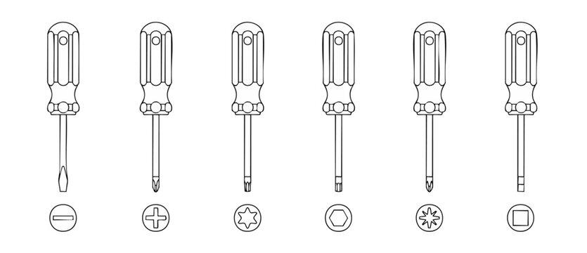 Screwdriver Set Icons with Different Drive Types Isolated on White Background, Technical Line Art Illustration for Construction, Repair, Maintenance, Hardware Tool Collection, Industrial Vector Graphi