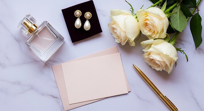 Elegant perfume bottle with pearl earrings and soft peach roses on a desk with a blank note for writing